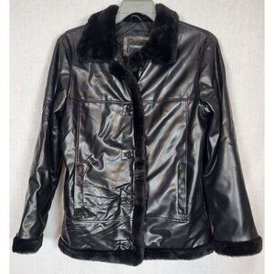 Outbrook Black Leather Like Jacket Women's L Outlined in Faux Fur Winter Quilted